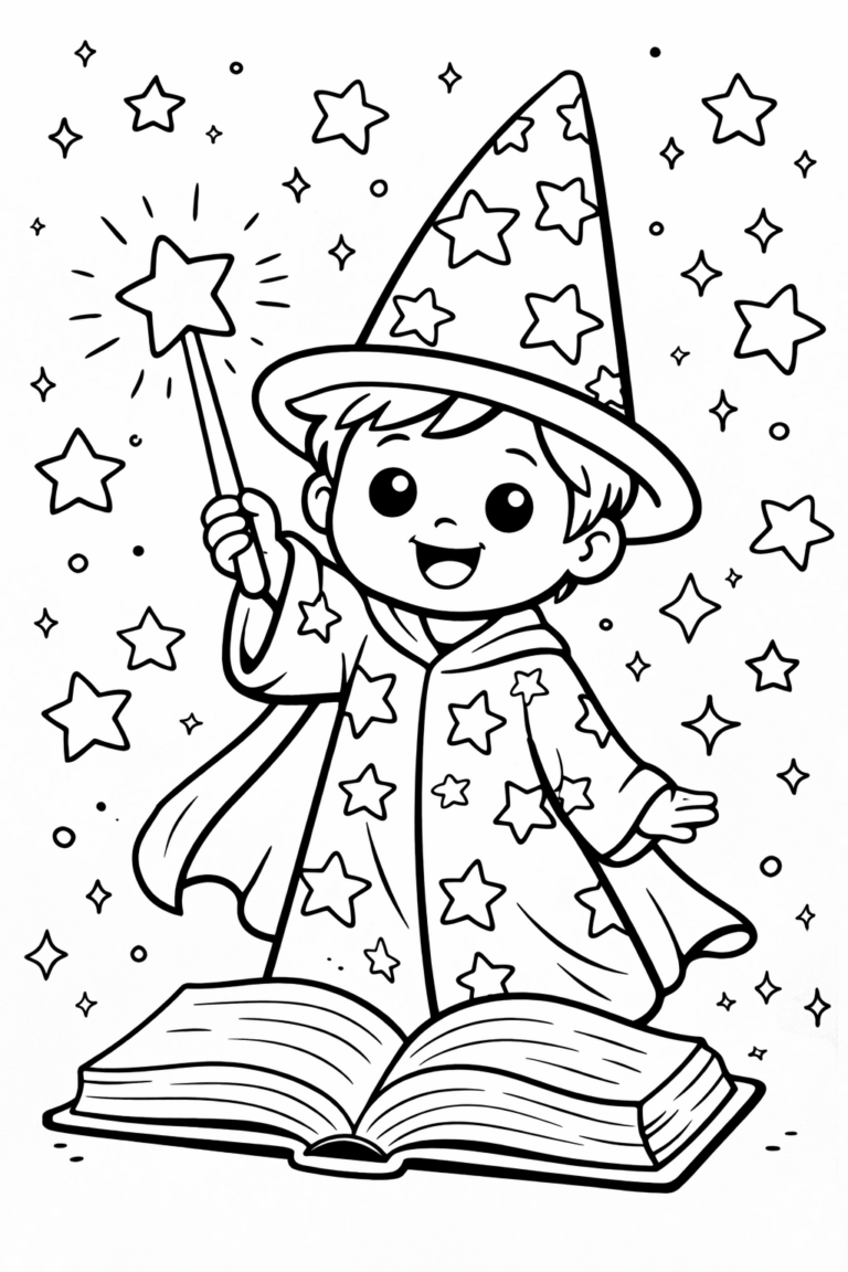 A happy wizard with a starry hat and cape holds a wand, surrounded by stars. Below, an open spellbook rests, encouraging children to imagine and color a magical scene filled with enchantment.