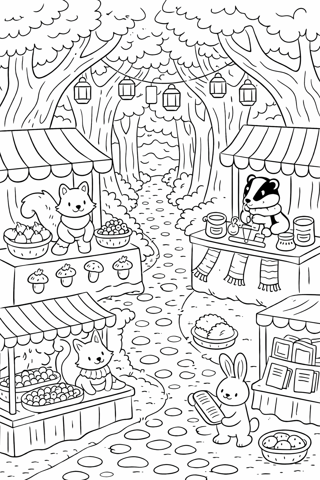 A charming woodland market scene with trees and animals, including a squirrel and badger at market stalls. The forest path adds a magical touch, inviting children to color a lively outdoor market setting.