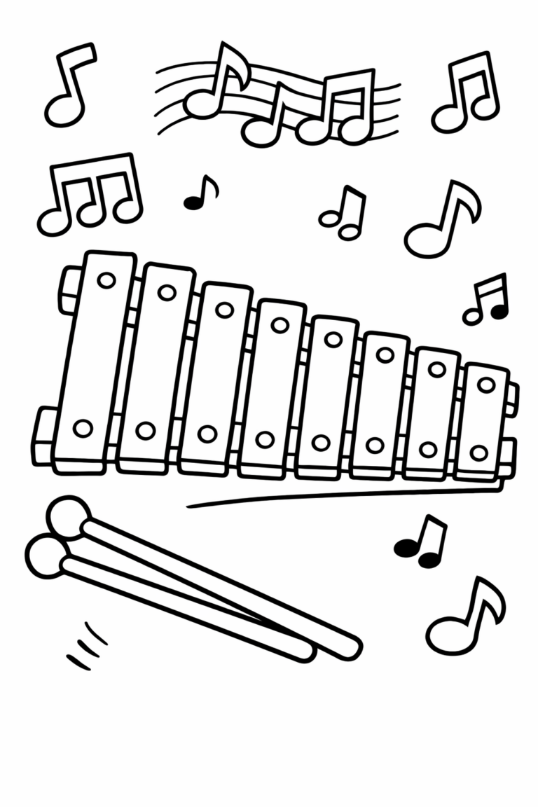 Coloring page featuring a xylophone, mallets, and musical notes, offering a creative activity for children to explore their artistic side while learning about musical instruments.