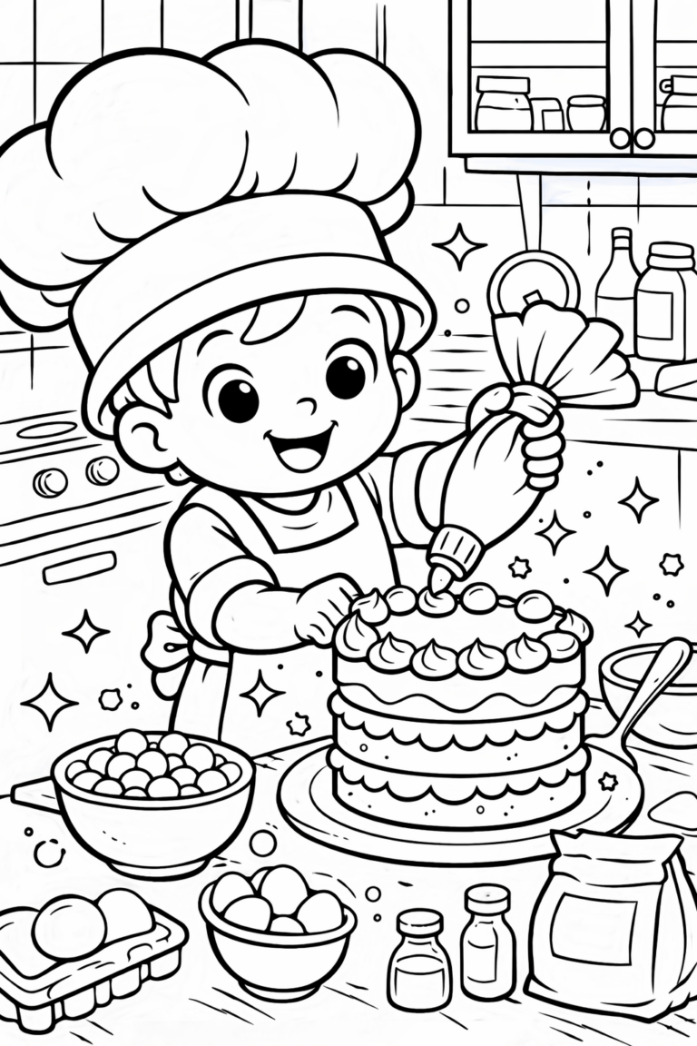 A charming coloring page showing a young chef joyfully decorating a large cake in a cheerful kitchen environment, with bowls and baking ingredients around, encouraging exciting coloring.