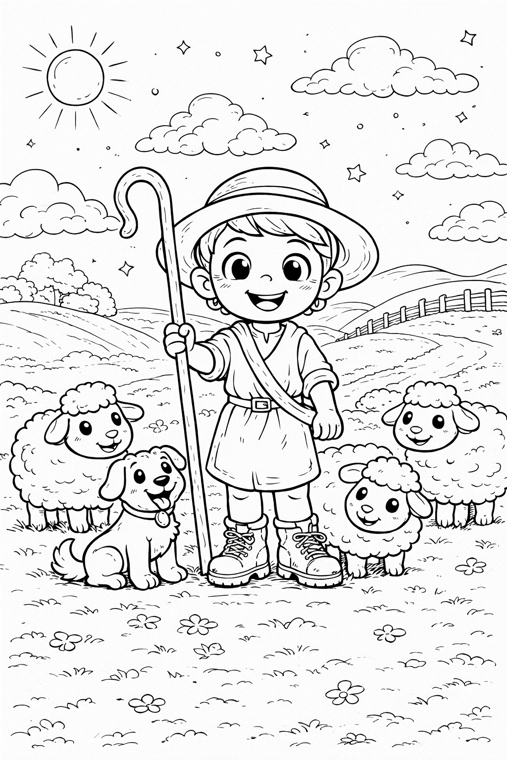 A cheerful young shepherd stands in a meadow with three fluffy sheep and a friendly dog. The sun, clouds, and stars decorate the sky, inviting children to add their own colors to this lively scene.