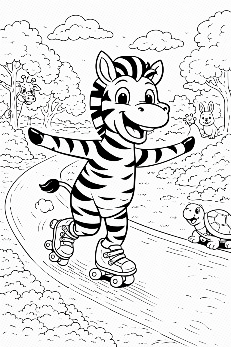 A happy zebra glides on roller skates through a forest path, surrounded by a curious giraffe, a friendly rabbit, and a smiling turtle enjoying the day.