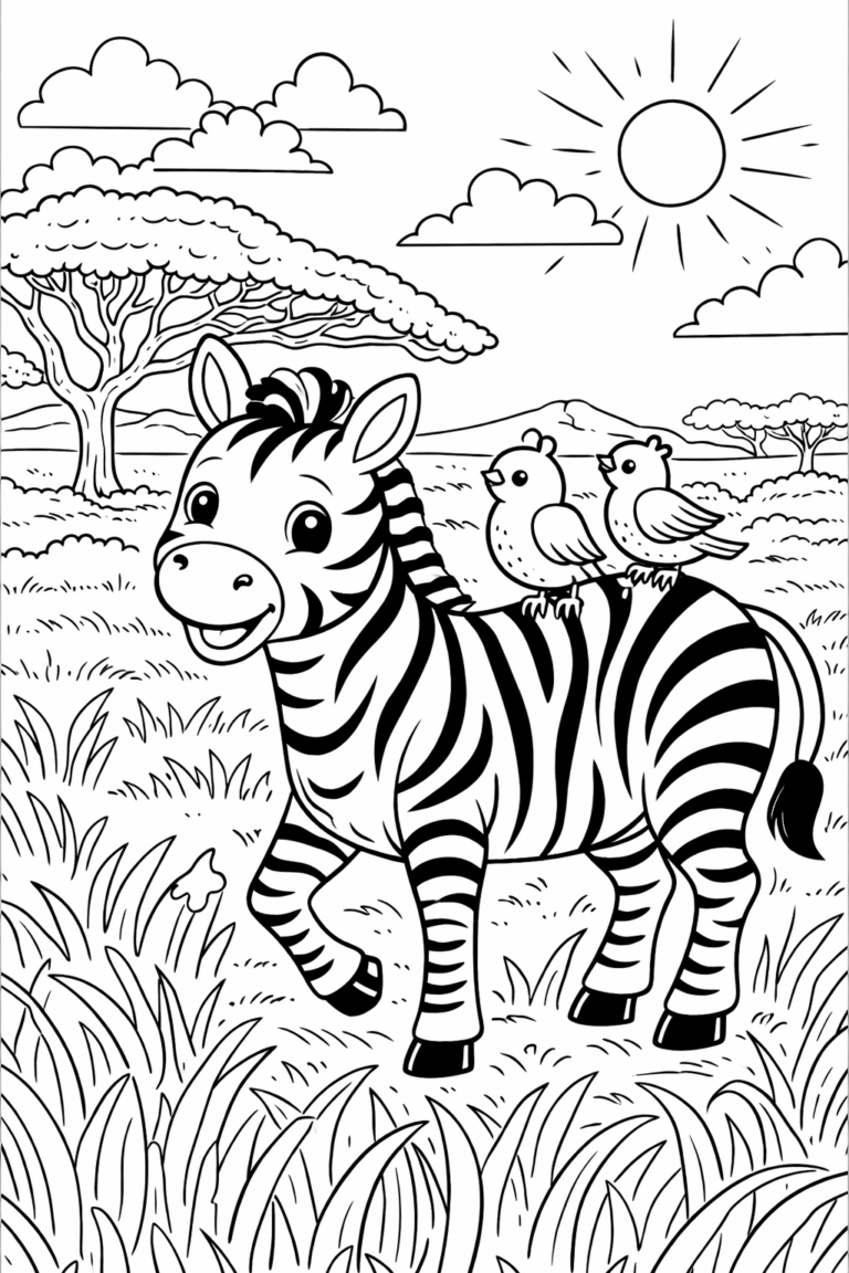 A zebra in a sunny savannah with two birds on its back, surrounded by lush grass and trees, offers a fun coloring activity for children.