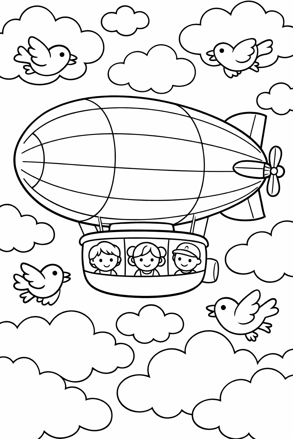 Coloring page depicting a zeppelin with smiling passengers, surrounded by clouds and birds, offering a whimsical and adventurous scene for kids.