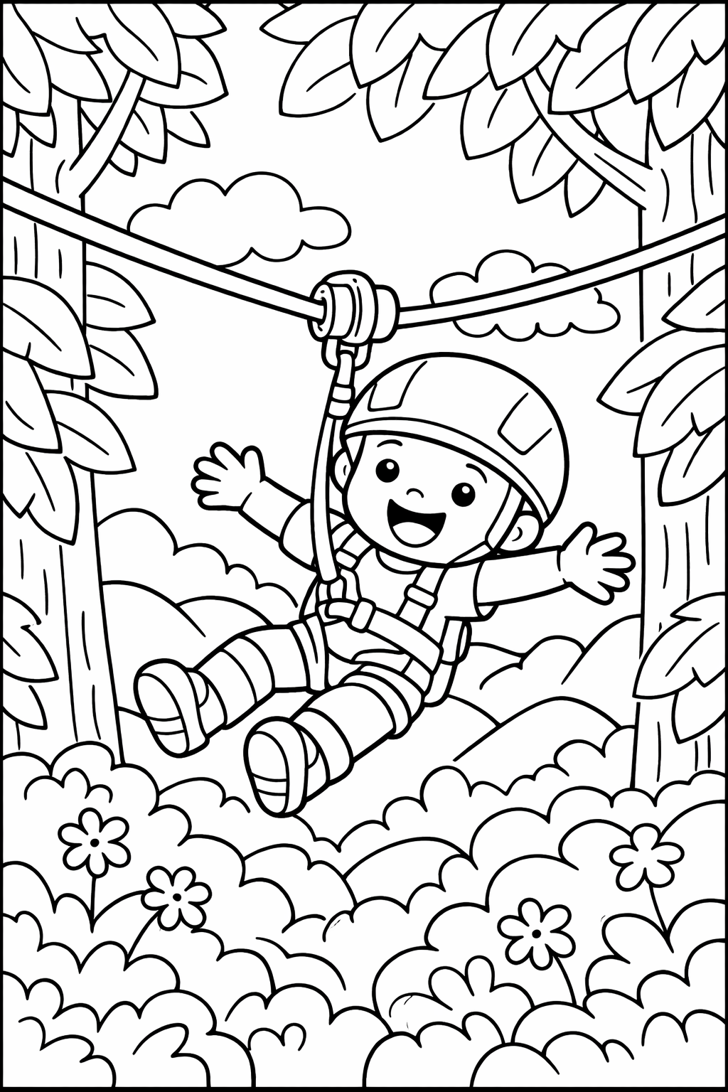 A child happily ziplines between tall trees in a lush setting. The scene is full of excitement and adventure, showing the joy of outdoor activities. The child wears a harness and helmet, emphasizing safety along with fun.