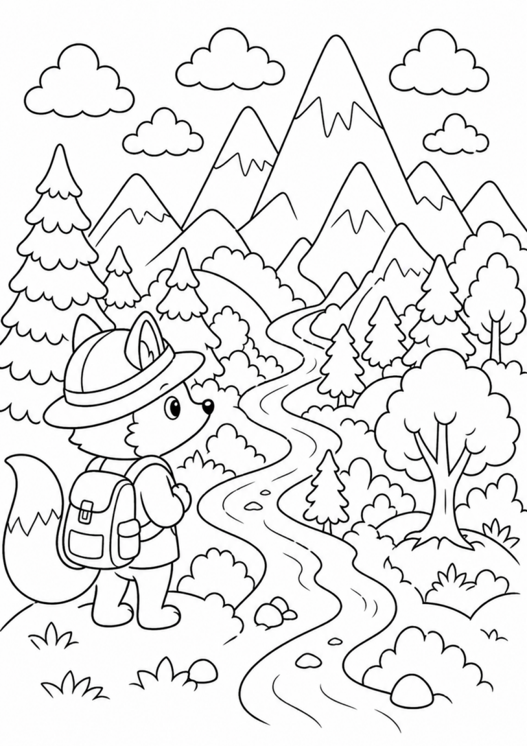 Adventurous fox with a backpack exploring a mountainous landscape filled with trees and a winding river. Children can color detailed natural scenery including clouds and diverse plant life.