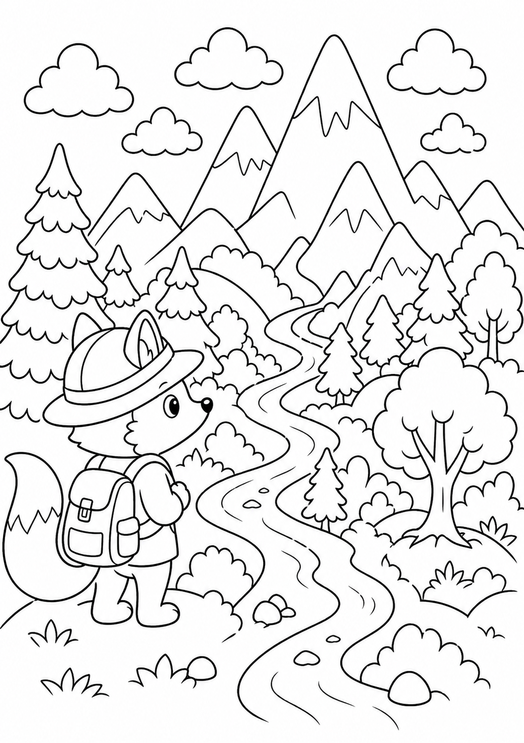 Adventurous fox with a backpack exploring a mountainous landscape filled with trees and a winding river. Children can color detailed natural scenery including clouds and diverse plant life.