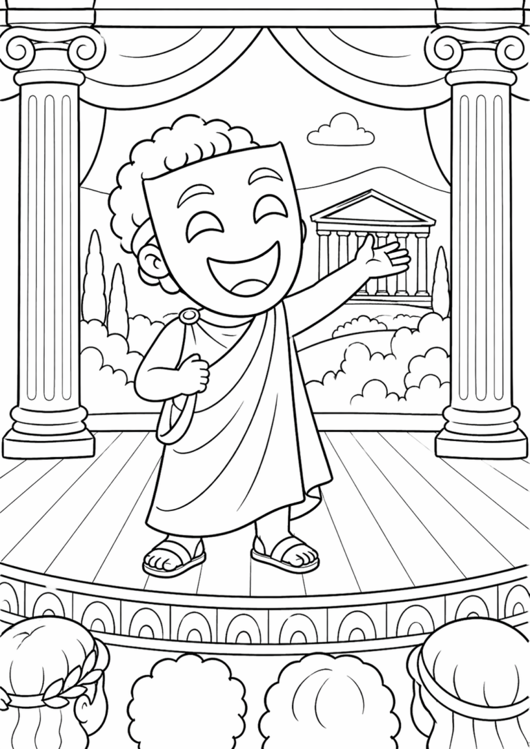A child in ancient Greek attire on a stage with columns and a temple in the background. Kids will enjoy coloring this classic scene, adding their own artistic flair to the historical setting.