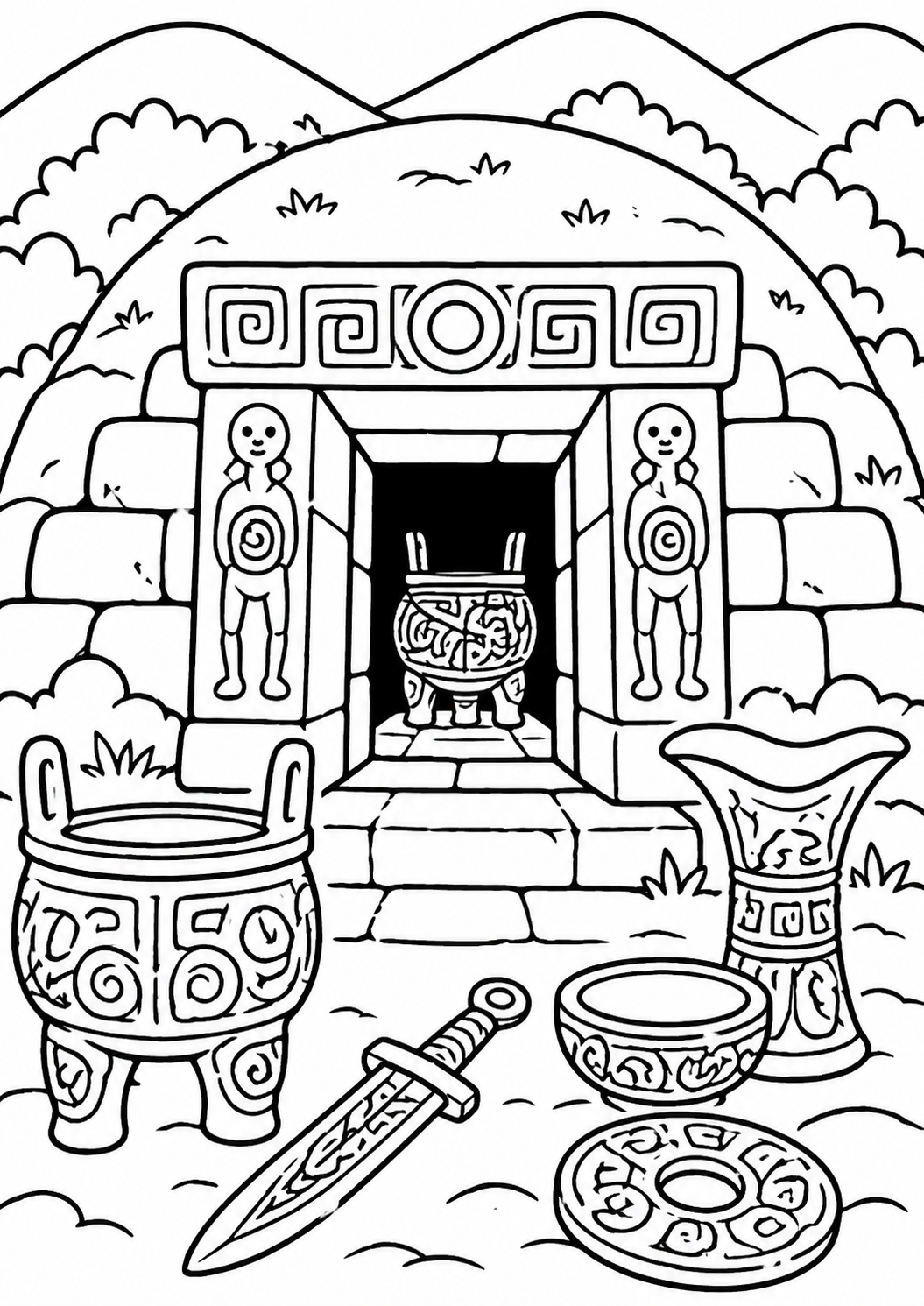 Coloring page of ancient treasures with pots, a sword, and decorative items outside a stone temple, set against rolling hills.