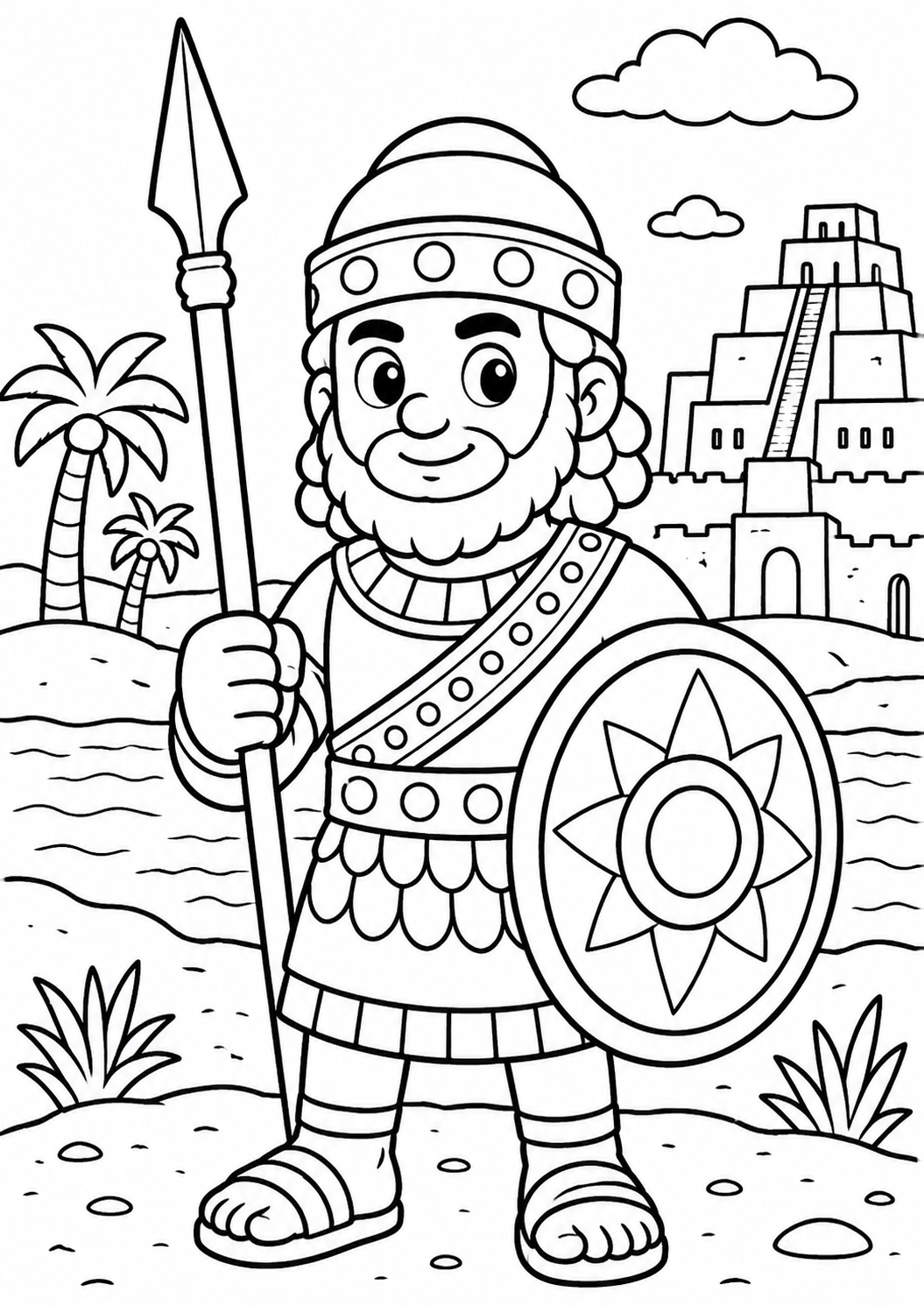 An ancient warrior in traditional armor stands with a spear and shield near a large ziggurat. The background includes palm trees and a river, creating a historical scene for children to color.