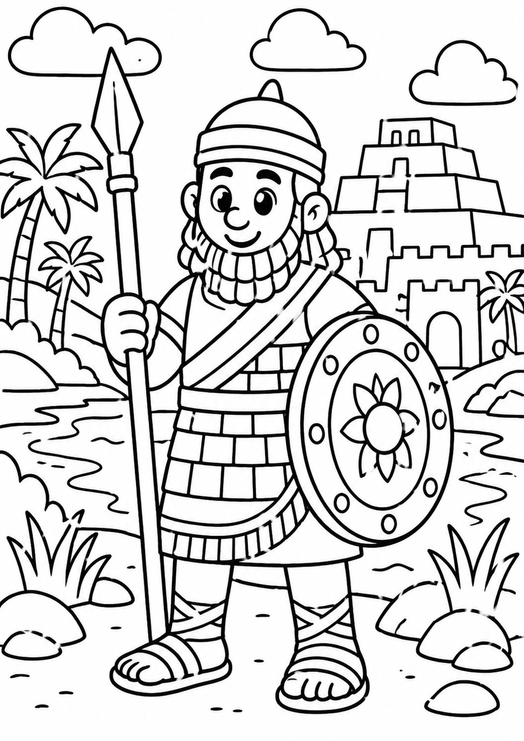 A coloring page of an ancient warrior with a spear and shield standing in front of a temple, surrounded by palm trees and a river, inviting kids to color and explore ancient history.