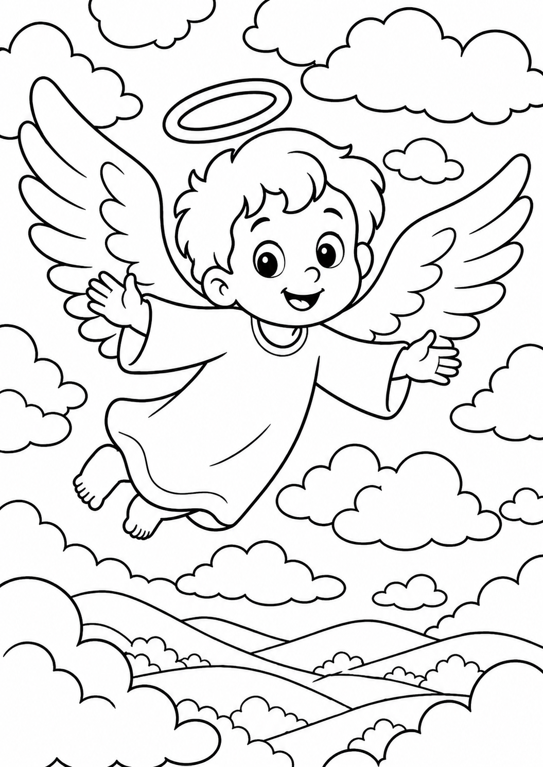 A delightful coloring page depicting a young angel with wings and a halo, soaring amidst fluffy clouds. Ideal for children to use their creativity and imagination in a fun way.