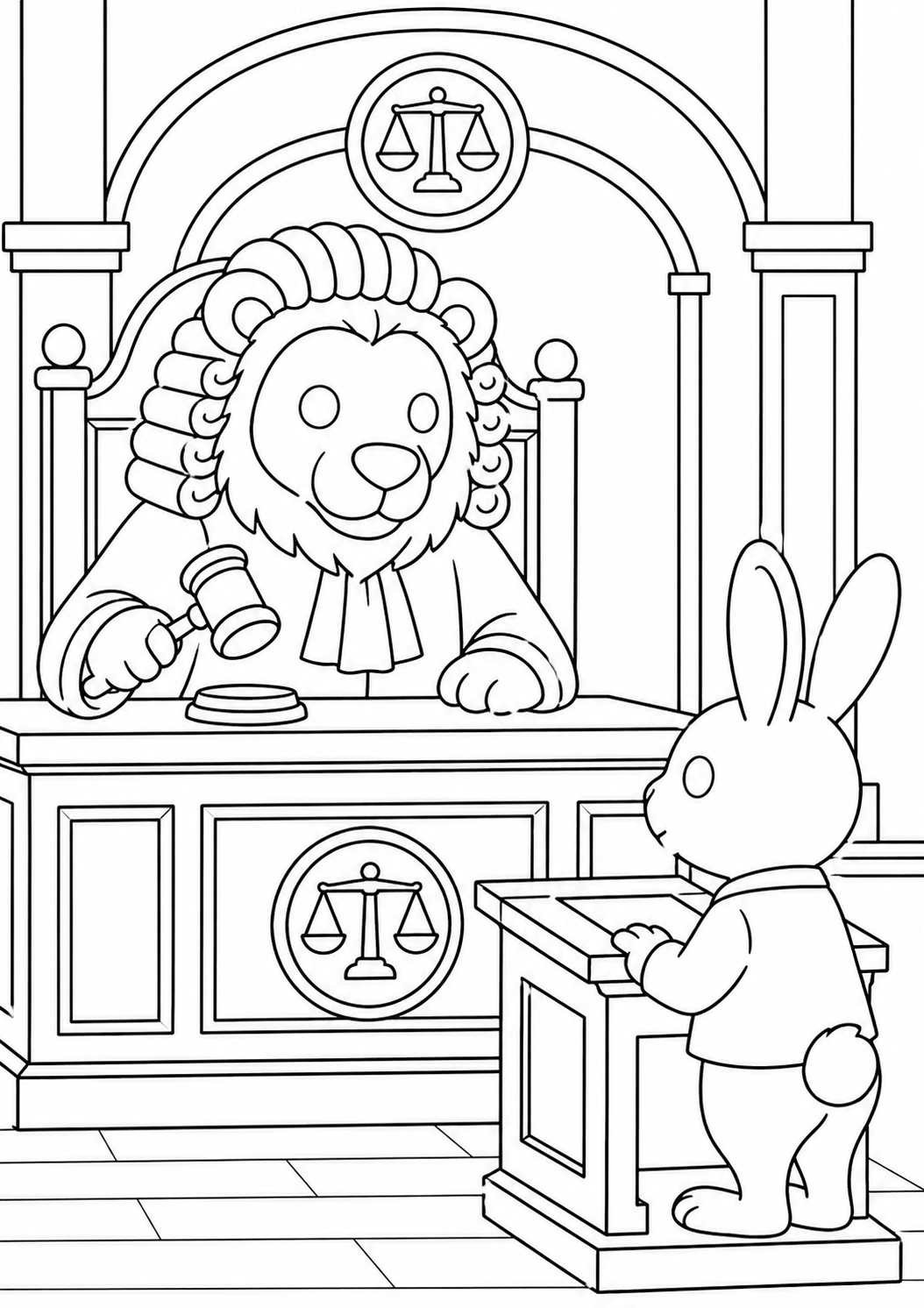 A delightful coloring page depicting an animal courtroom scene. A lion serves as the judge, with a gavel in hand, while a rabbit stands at the podium in a traditional courtroom with justice scales emblems.