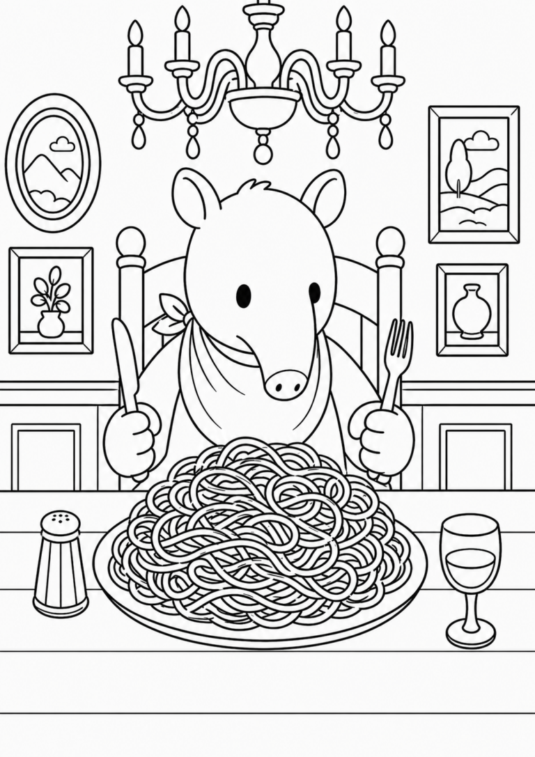 A charming animal sitting at a dining table with a massive plate of spaghetti, under a chandelier, surrounded by framed wall art. Perfect for kids' coloring.