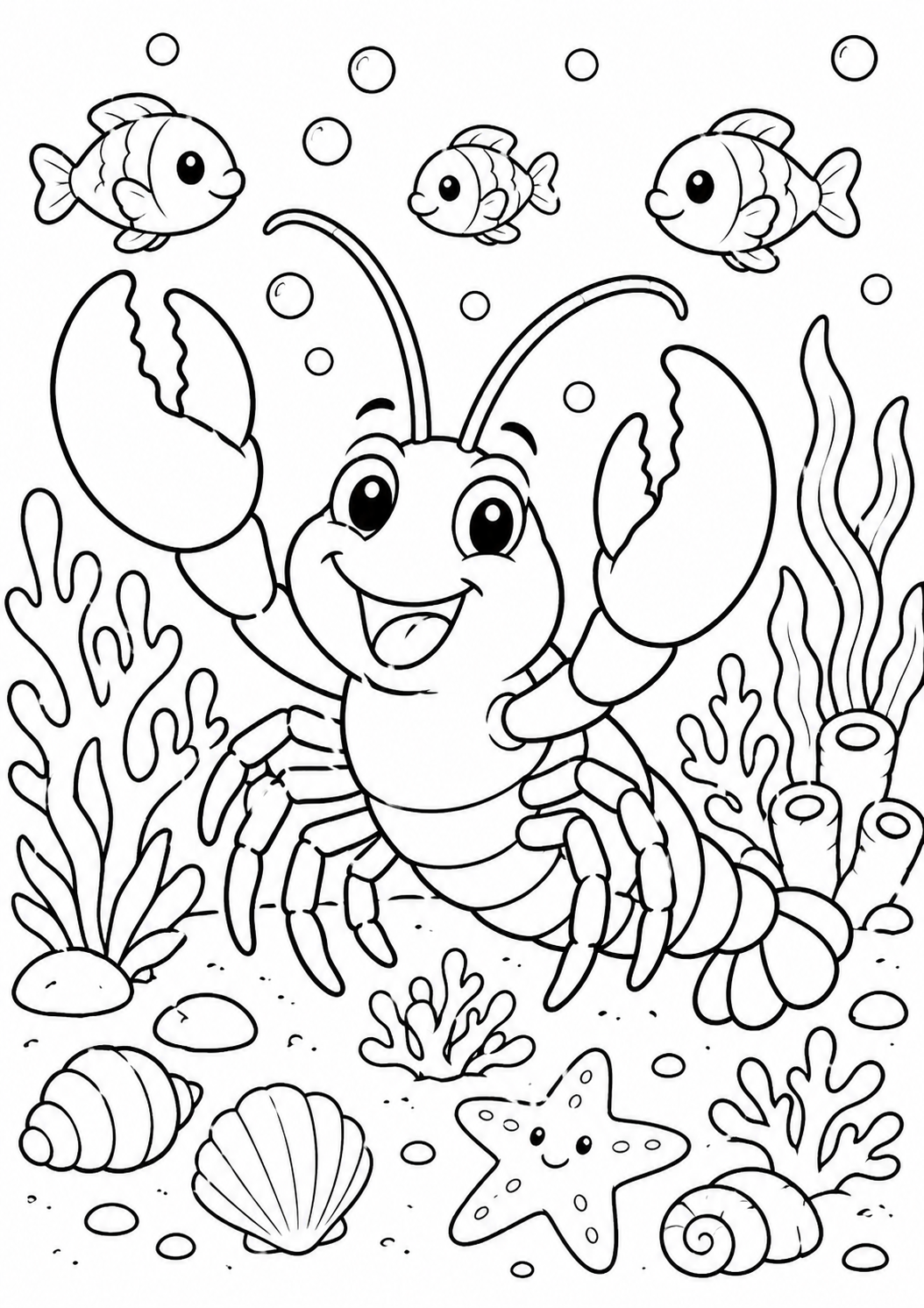A fun and engaging coloring page displaying a happy lobster with smiling fish, various seashells, and aquatic plants for children to color in an underwater setting.