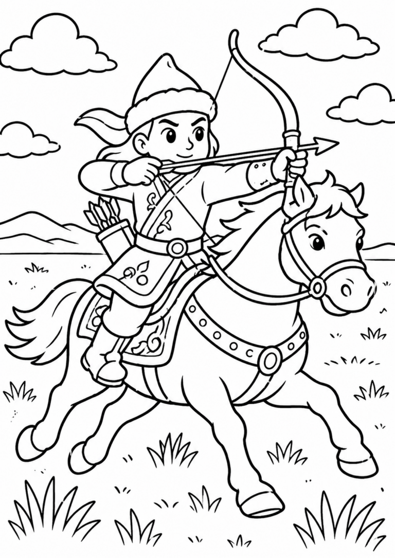 A young archer aiming an arrow while riding a horse in an open field, with mountains and clouds in the background.