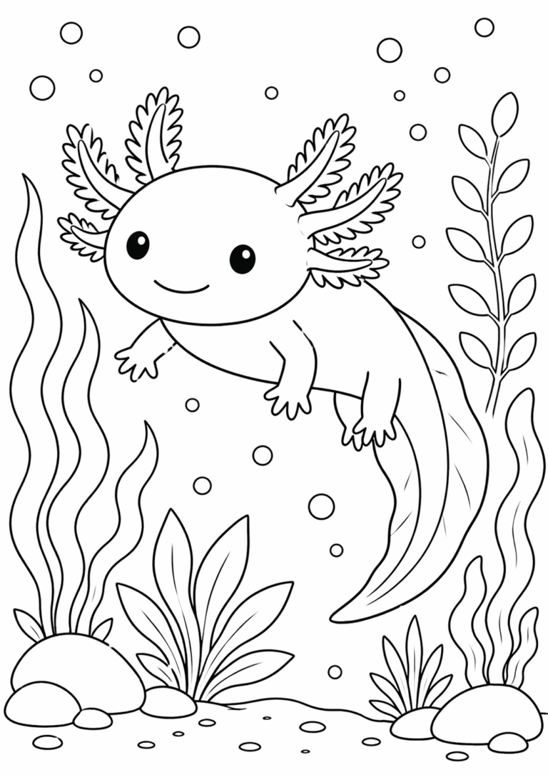 A happy axolotl floating underwater surrounded by bubbles and plants, perfect for children's coloring activities.