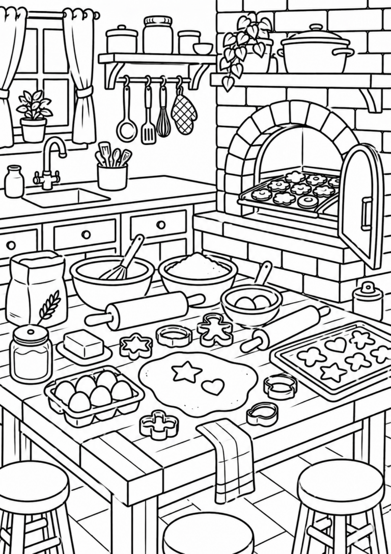 A detailed coloring page of a kitchen full of baking activity. The scene includes mixing bowls, a rolling pin, cookie cutters, and freshly baked cookies in the oven. Children will enjoy coloring the various elements of a busy, cozy kitchen.
