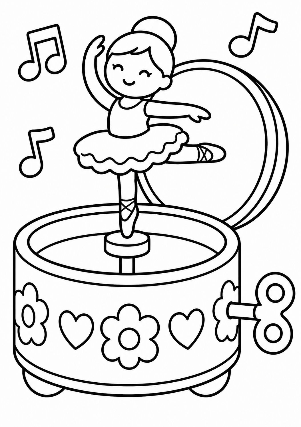 A delightful ballet dancer poised atop a music box with surrounding musical notes, perfect for children's coloring activities. Encourages creative expression with detailed elements of dance and music.