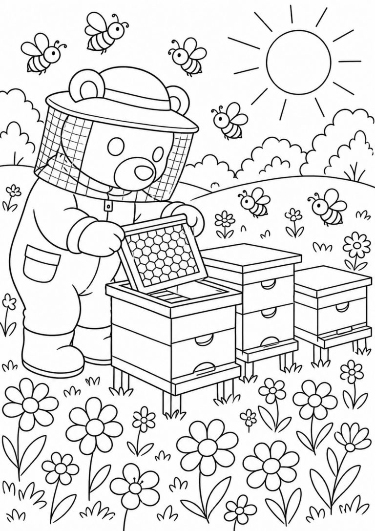 A whimsical bear dressed as a beekeeper manages beehives in a sunny field. Bees buzz around, and the scene is filled with flowers and rolling hills. This engaging coloring page is perfect for sparking children's imagination and creativity.
