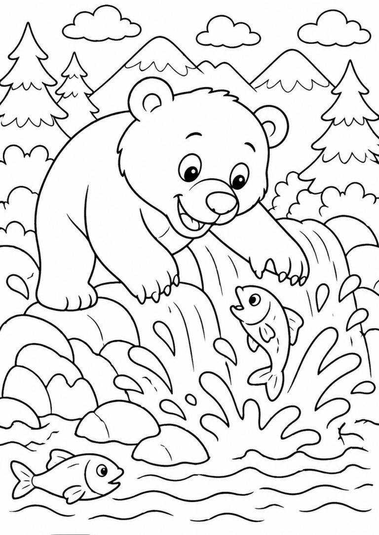 An adorable bear near a waterfall interacting with jumping fish. The scene is set in a forest with trees and mountains in the background, offering children an exciting and creative coloring opportunity.