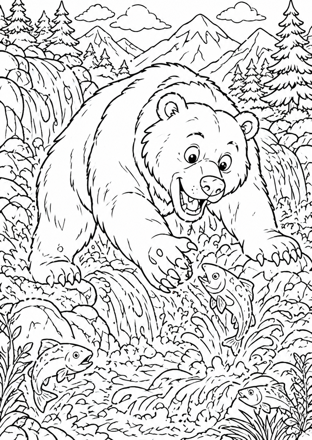 A happy bear fishing in a river surrounded by pine trees and mountains, with fish leaping in the water, offering an engaging scene for children to color.