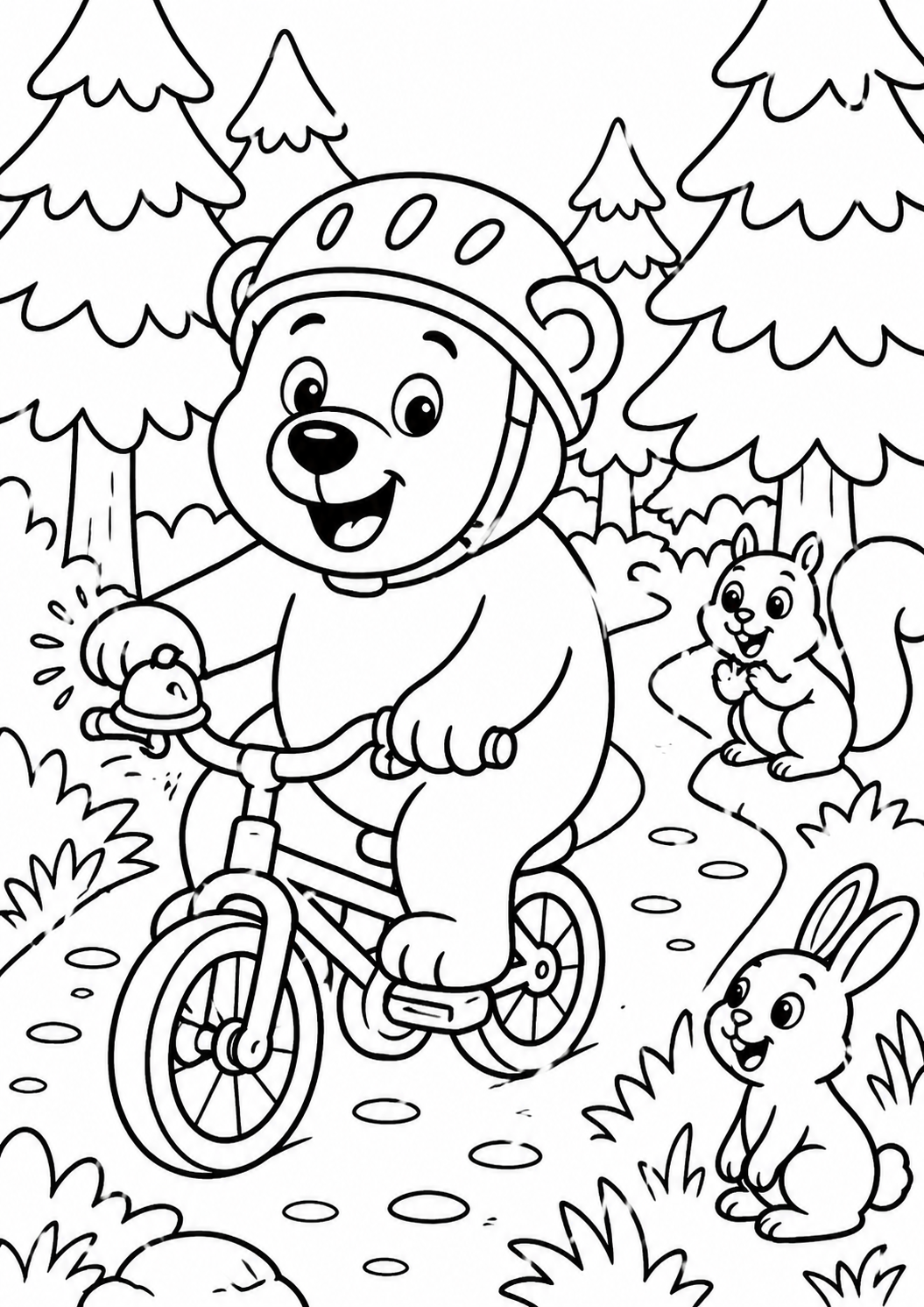 A charming bear on a bicycle wearing a helmet, surrounded by a cute squirrel and rabbit in a forest with tall trees and a winding path.