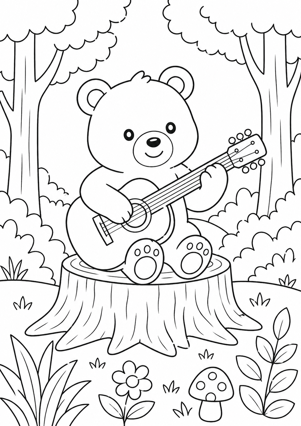 A cute bear sits on a tree stump playing a guitar in a forest. The scene is decorated with trees, flowers, and plants, offering a delightful and engaging coloring experience for children.