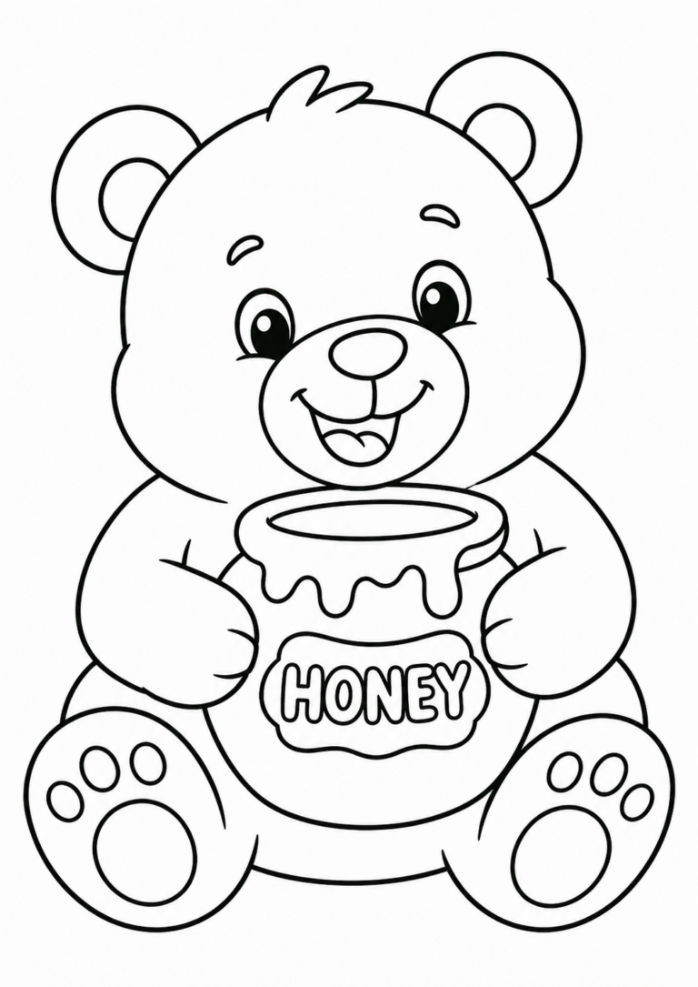 Children can color an adorable bear sitting with a honey jar. The bear is smiling happily, inviting young artists to add vibrant colors and bring this sweet scene to life.