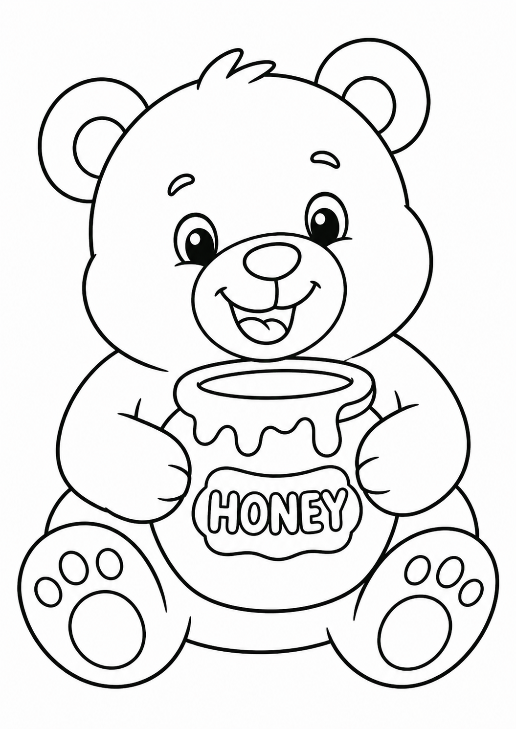 Children can color an adorable bear sitting with a honey jar. The bear is smiling happily, inviting young artists to add vibrant colors and bring this sweet scene to life.