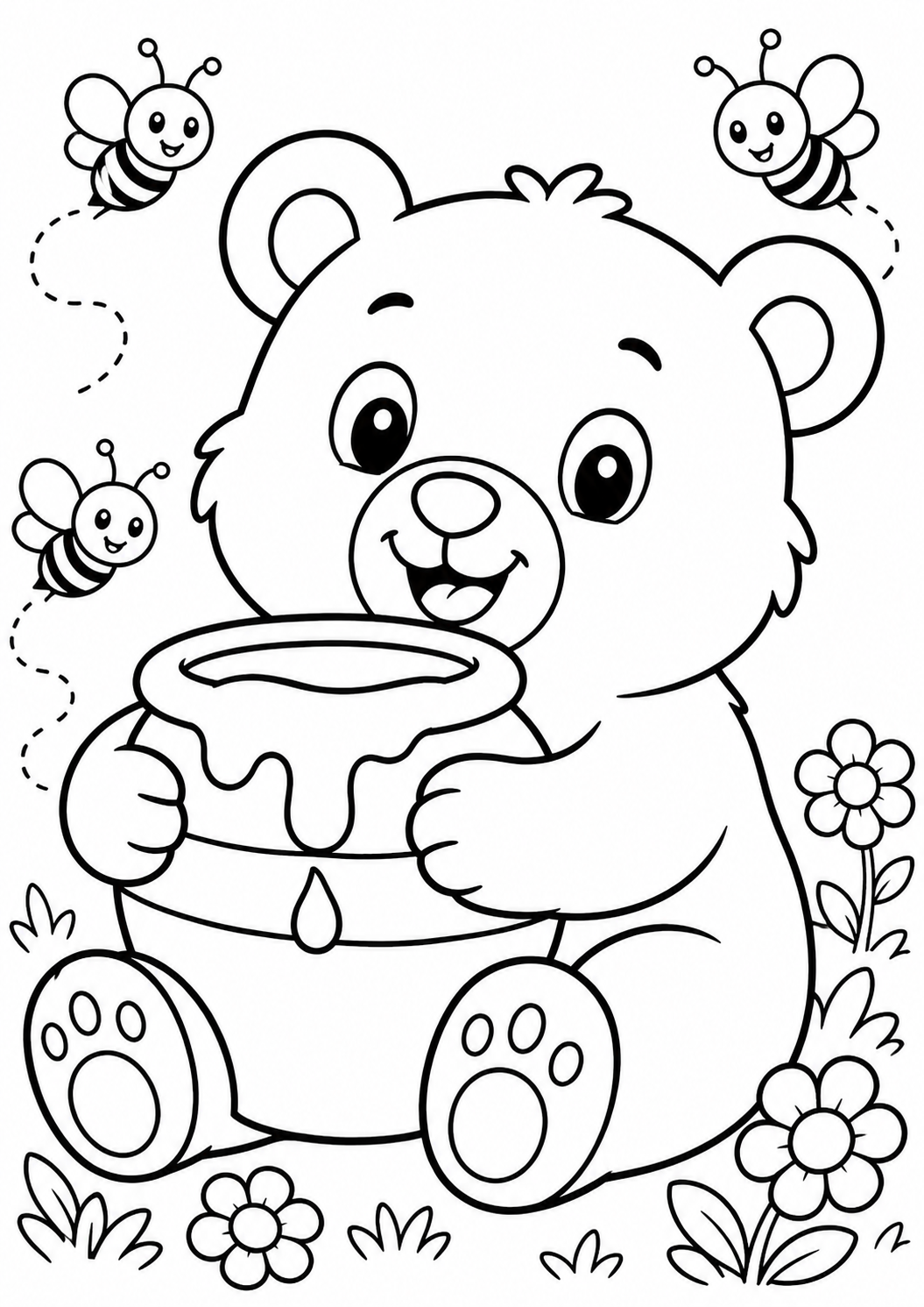 A cute bear with a honey pot is surrounded by bees and flowers, making it a fun coloring activity for kids. The simple lines are perfect for adding vibrant colors.