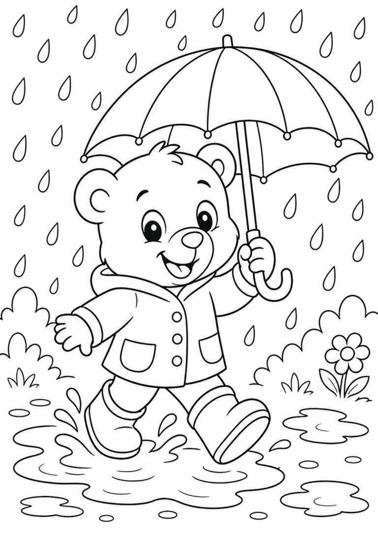 A happy bear holding an umbrella in the rain. The bear is dressed in a raincoat and boots and is jumping in puddles. Raindrops fall around, creating an engaging coloring scene for children to enjoy.