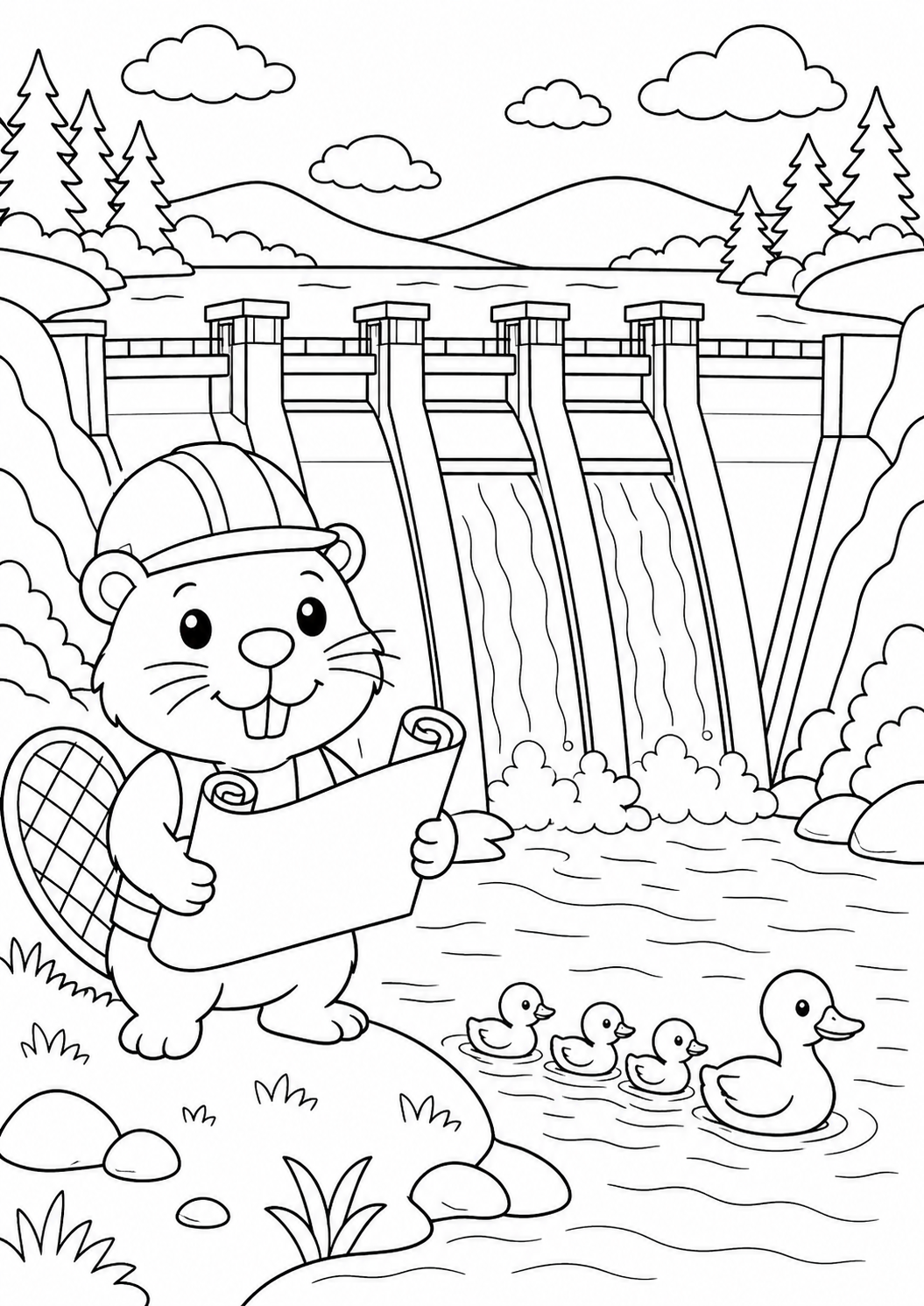 A cheerful beaver holds blueprints near a large dam while a mother duck leads her ducklings in the foreground. A picturesque landscape with mountains and trees completes the scene. It’s a delightful coloring page for kids.