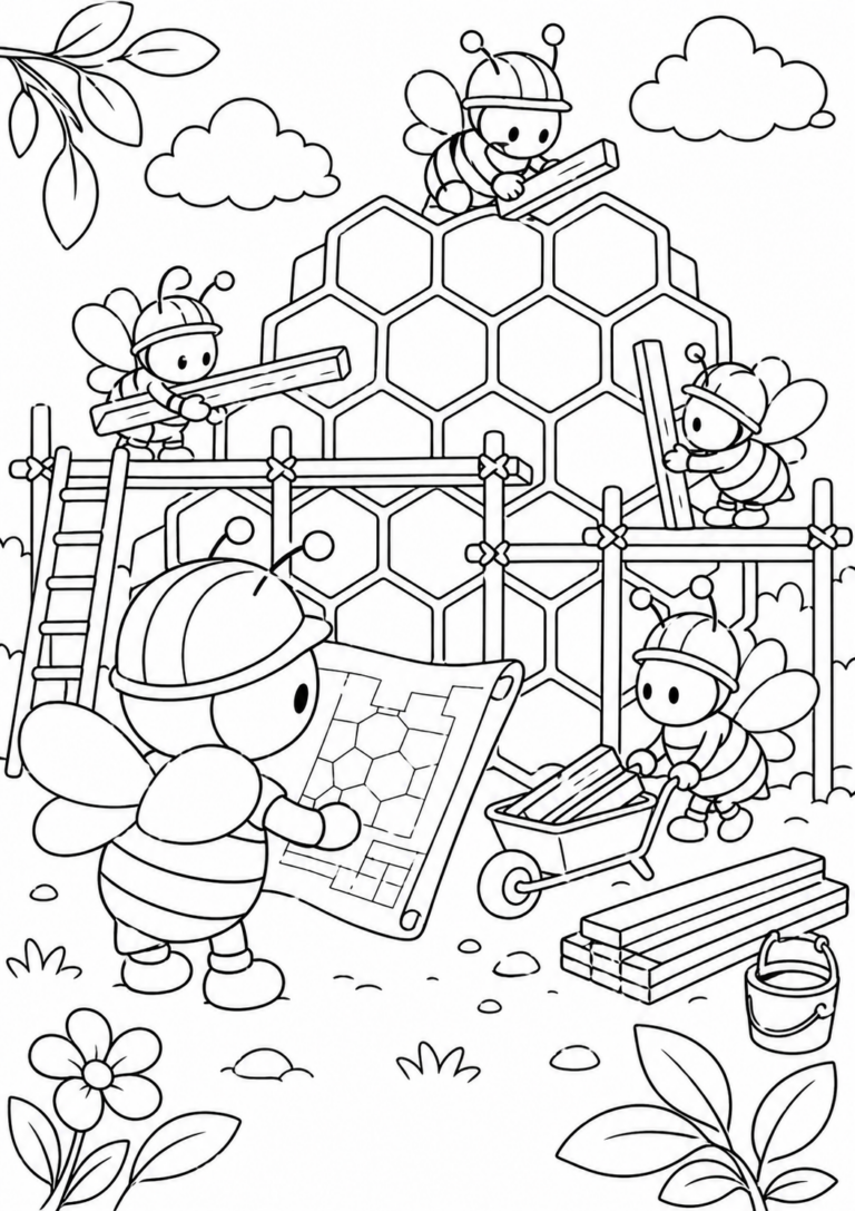 A fun coloring page with bees wearing hard hats, constructing a honeycomb structure. Includes scaffolding, a blueprint, and a wheelbarrow. Ideal for children's creativity and fine motor skill development.
