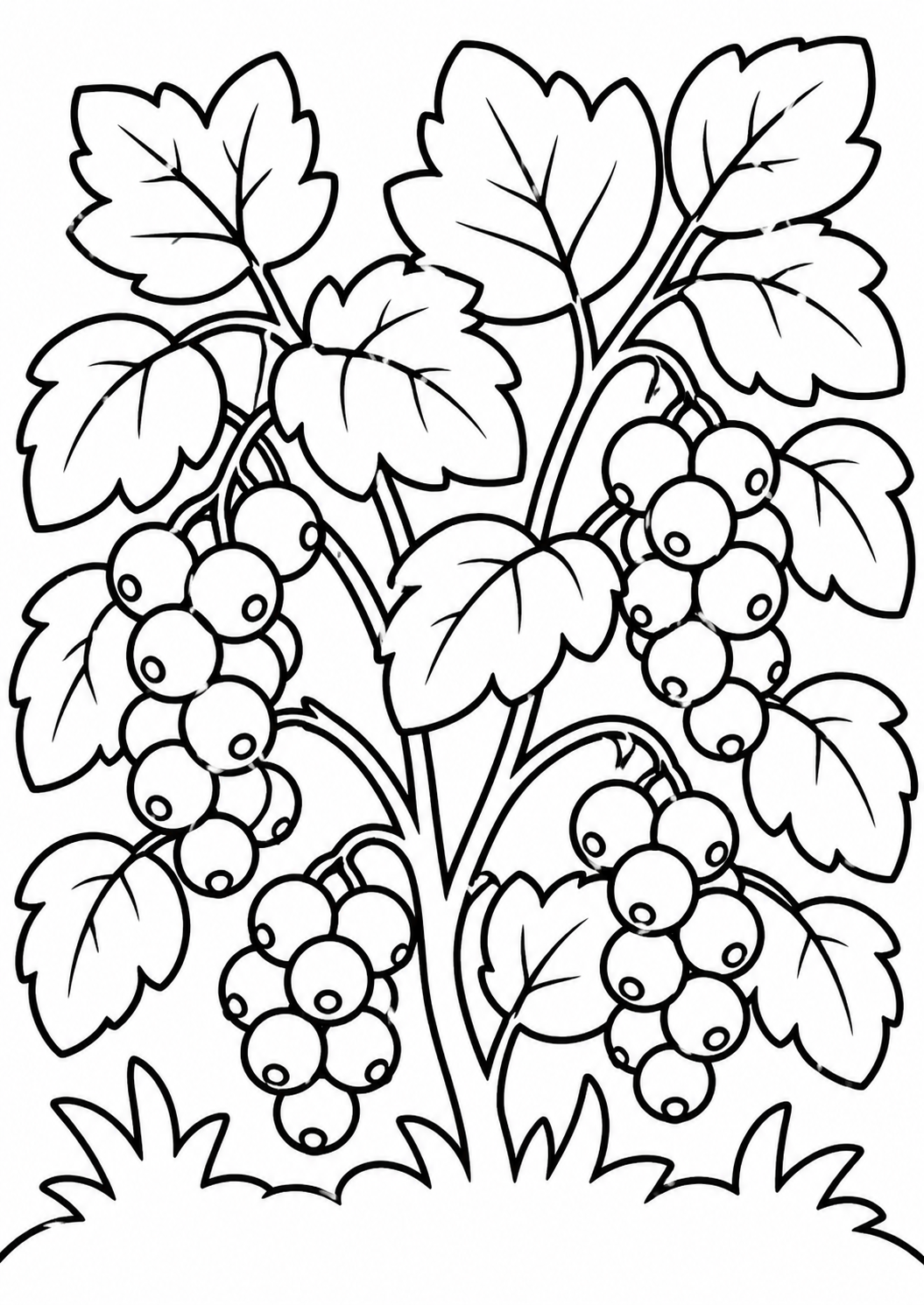 Children's coloring page of a berry plant with detailed outlines of leaves and berry clusters, ideal for creative coloring activities with vibrant colors, promoting interest in nature and plant life.