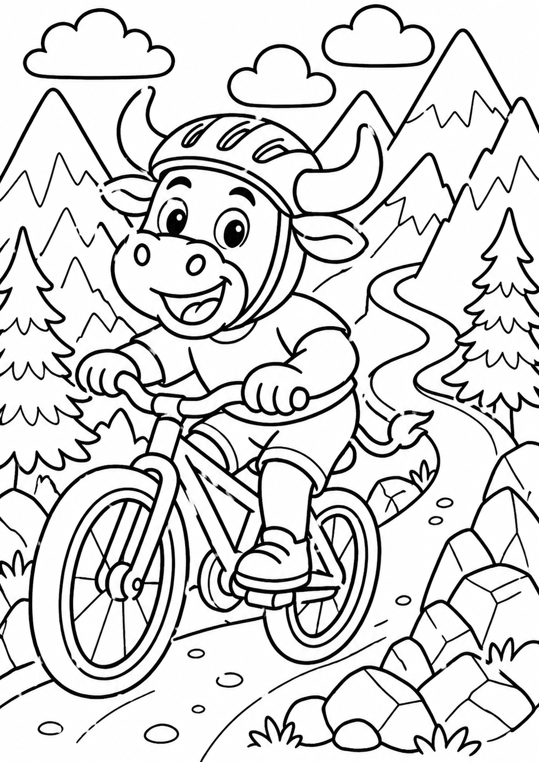 A fun coloring page depicting a joyful cow on a bicycle, riding through a mountainous landscape with trees and hills, ideal for kids to color.