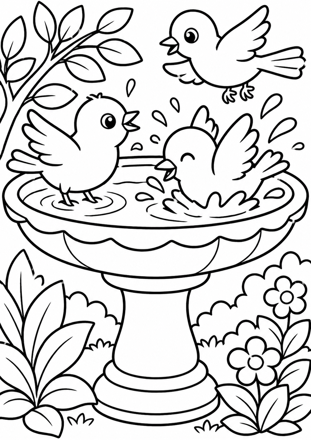 A coloring page depicting three playful birds at a birdbath. Surrounded by lush plants and flowers, the scene captures a lively moment as birds splash in the water, inviting young artists to bring it to life with colors.