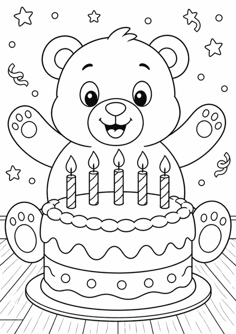 A happy bear with a big birthday cake and lit candles in front, surrounded by stars and confetti. It is an engaging coloring page for children to fill with bright colors, celebrating a joyful birthday occasion.