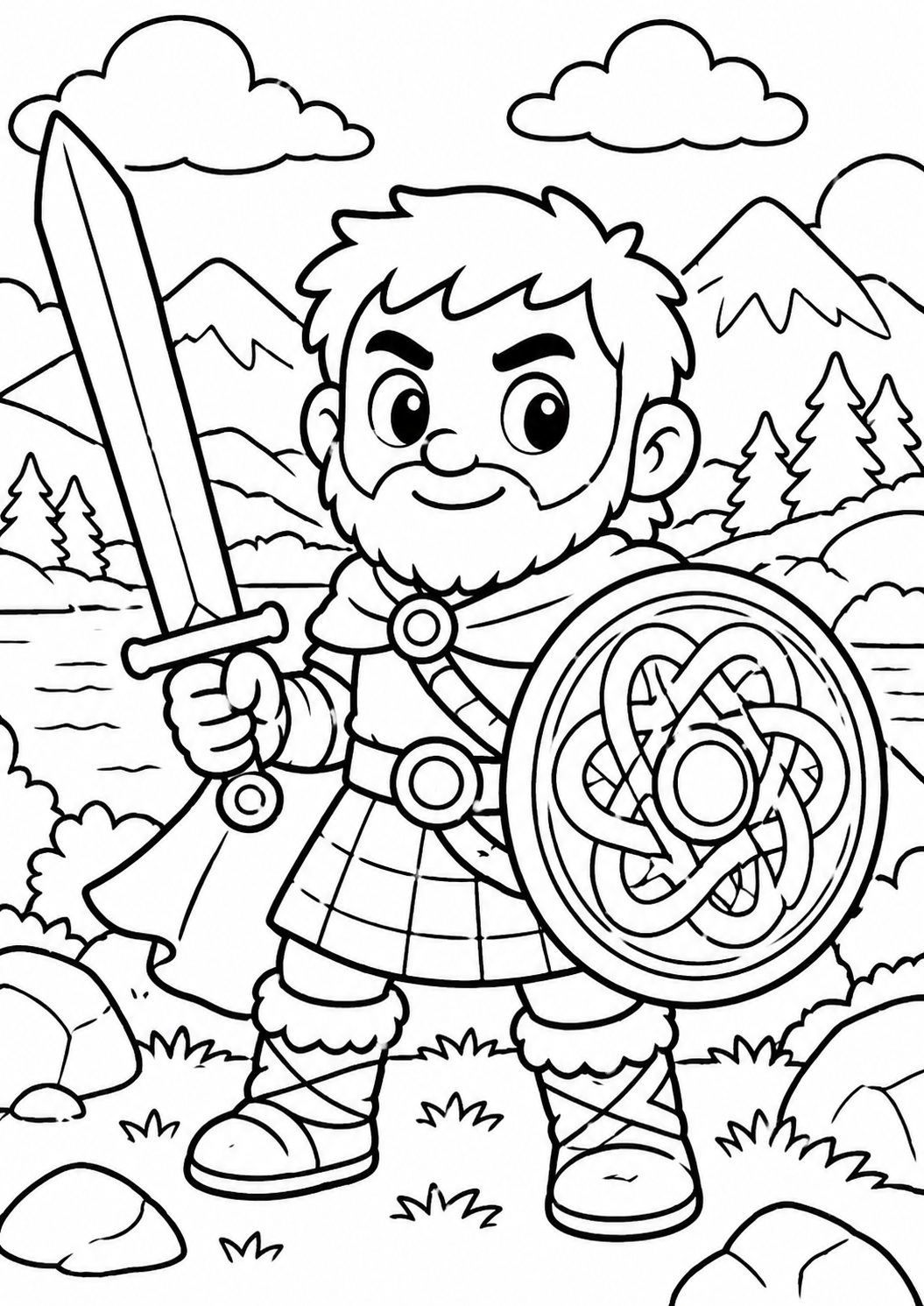 A brave knight with a sword and shield standing in a picturesque mountainous landscape. The detailed armor and shield design offer an adventurous theme for children to color and explore creativity.