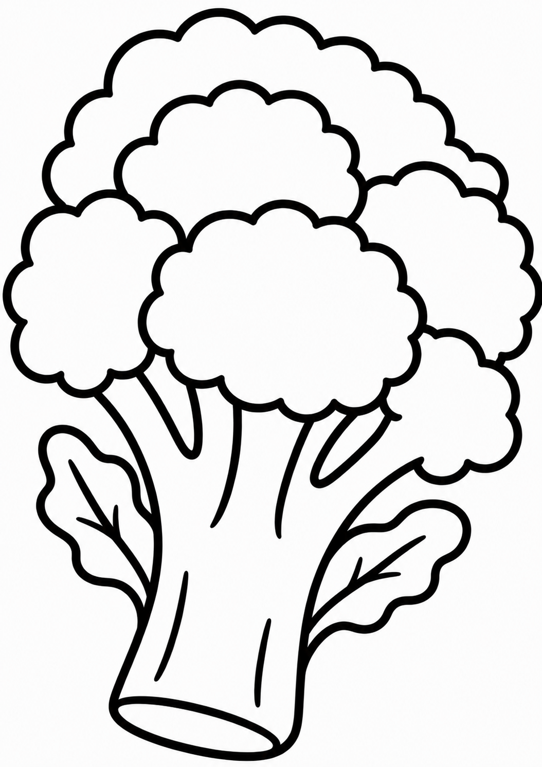 A simple line drawing of a broccoli head showing its stalk and florets, designed for children's coloring activities, encouraging creativity and learning about vegetables.