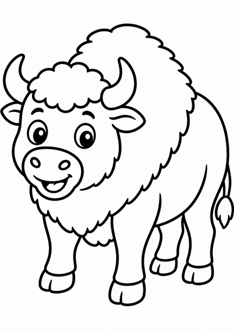 A coloring page of a friendly cartoon buffalo with fluffy fur and a smiling face, designed for children to add their creative touches with colors. It's an engaging activity to enhance kids' creativity and artistic skills.