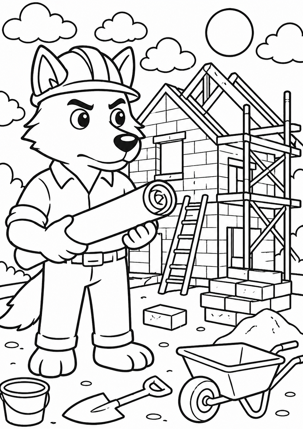 Coloring page featuring Builder Wolf at a construction site with partially built house, wheelbarrow, ladder, and tools. Perfect for engaging children's creativity as they color the details and imagine the busy construction scene.