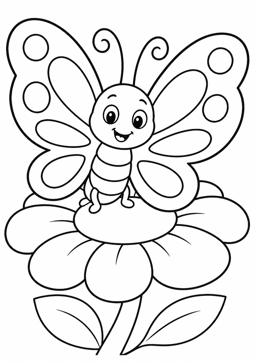 A charming coloring page of a butterfly with large patterned wings sitting on a flower, designed for children to fill with bright colors. The simple outlines aid young artists in exploring their creativity.