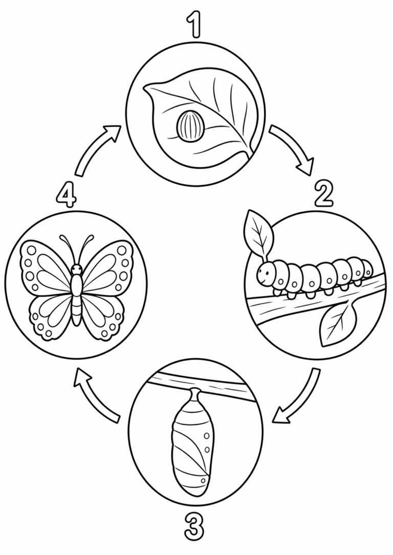 Coloring page showing the stages of a butterfly's life. Includes egg, caterpillar, chrysalis, and adult butterfly. Fun educational activity for kids.