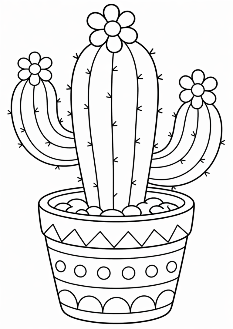 A detailed coloring page illustration of a cactus with flowers, set in a decorative pot. The pattern on the pot offers extra creative opportunities for children to explore colors.