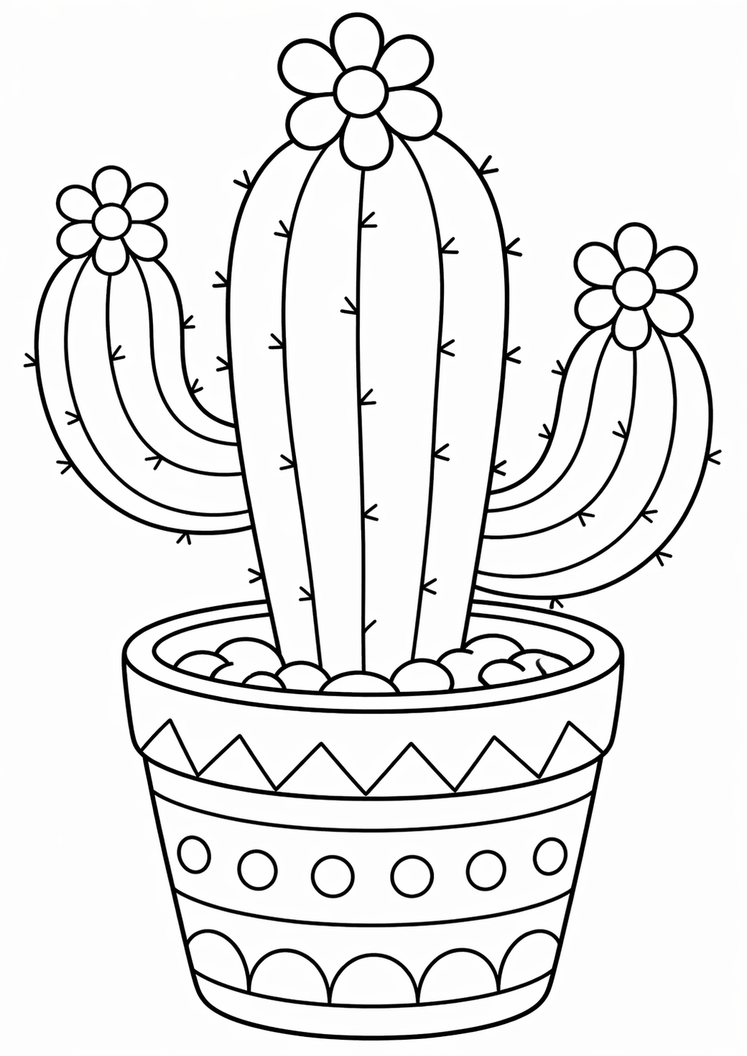 A detailed coloring page illustration of a cactus with flowers, set in a decorative pot. The pattern on the pot offers extra creative opportunities for children to explore colors.