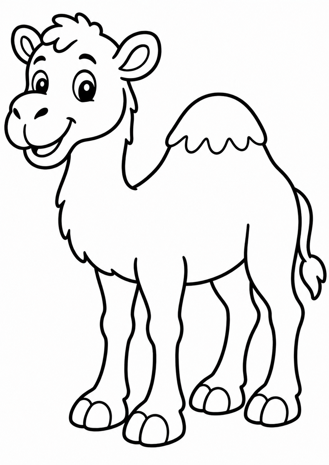 A delightful and friendly cartoon camel ready to be colored by children. This simple yet charming design is ideal for kids to showcase their creativity through vibrant colors.