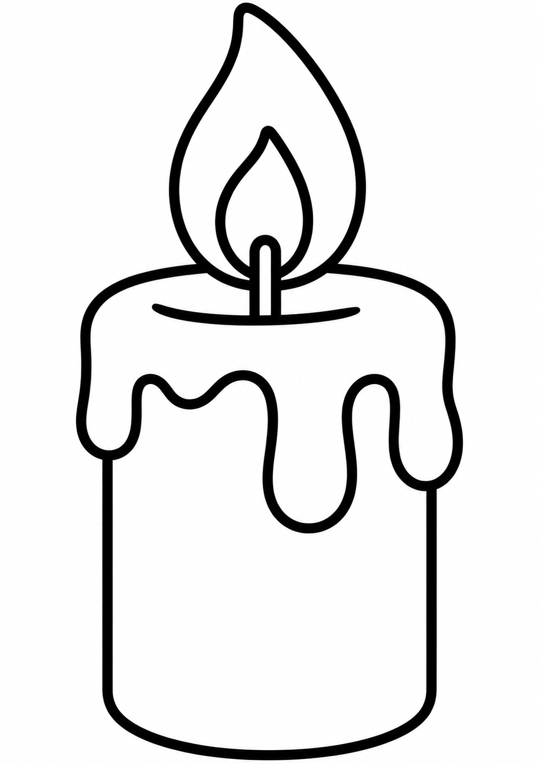 A printable coloring page for children showing a candle with a prominent flame and dripping wax, allowing kids to use their imagination with colors to complete the image. This activity helps improve creativity and coordination.