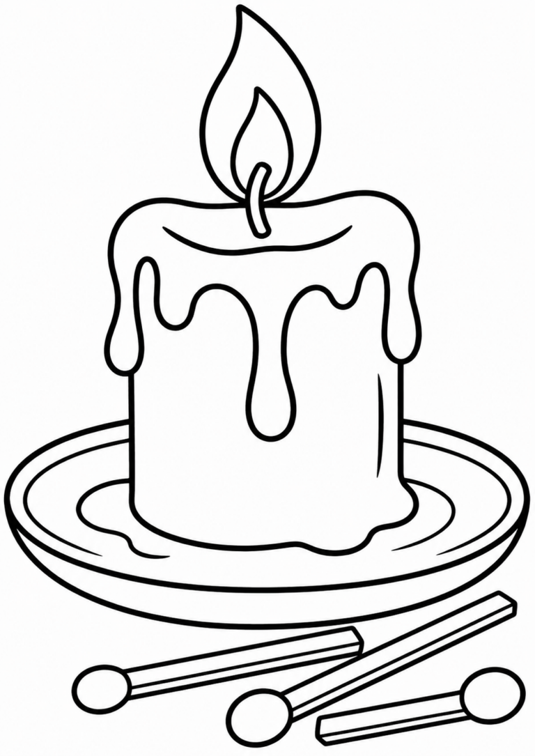 A candle coloring page featuring a single candle with wax drips on a plate, surrounded by matches. Children can enjoy coloring the flame and wax, creating a cozy and inviting effect.