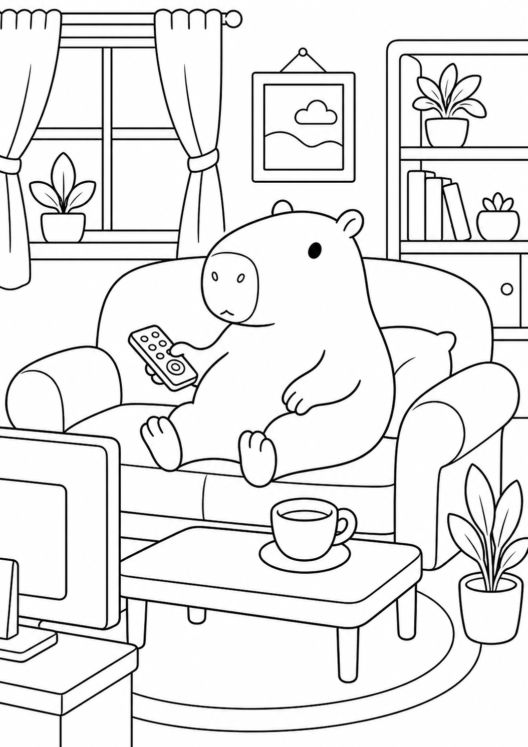 A capybara sits on a couch holding a remote, surrounded by a cozy living room setting with house plants, a window, books, and a cup on a table.